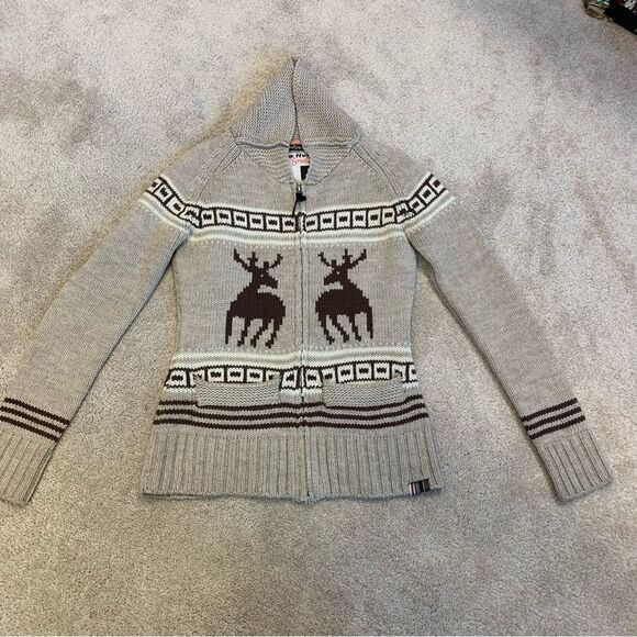 TRIPLE Five Soul beige brown reindeer Zipup jacket wool sweater Sz S - Picture 7 of 12